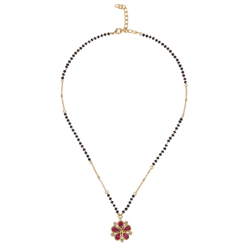 Traditional Flower Design Black Beads Gold Plated Princess Necklace For Women : 15MS87