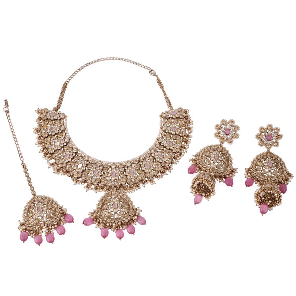 Gorgeous Flower Design Uncut Kundan Stone Gold Plated Brass Choker Necklace Set With Maang Tikka For Women And Girls : 15NS7746