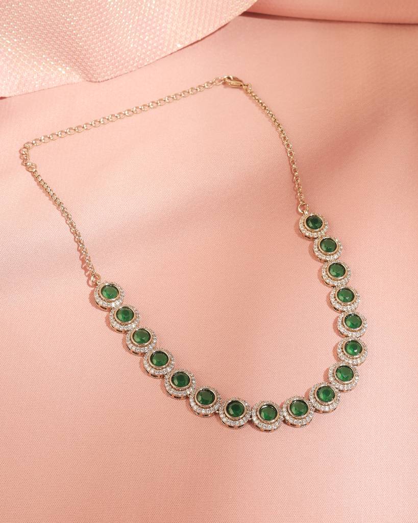 Superb Round Shape Cz Studded Antique Gold Plated Brown Uncut Kundan Stone Brass Choker Necklace Set For Wome : 15NS9693-Green