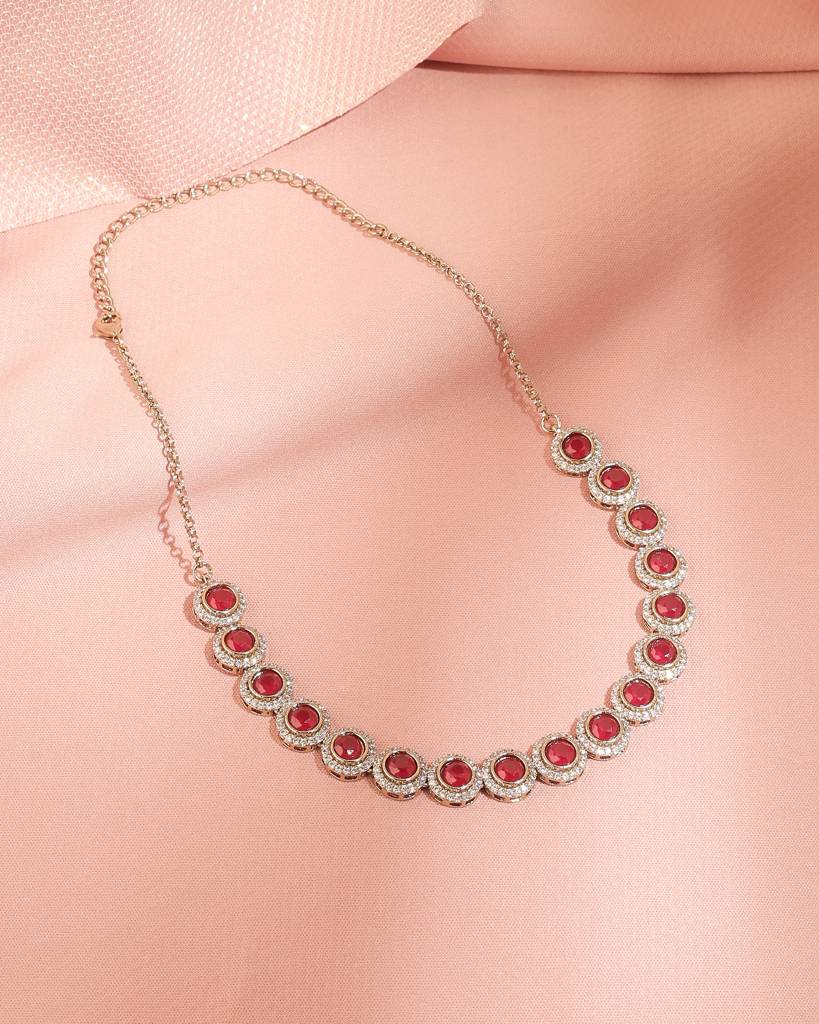 Superb Round Shape Cz Studded Antique Gold Plated Brown Uncut Kundan Stone Brass Choker Necklace Set For Women  : 15NS9693-RED