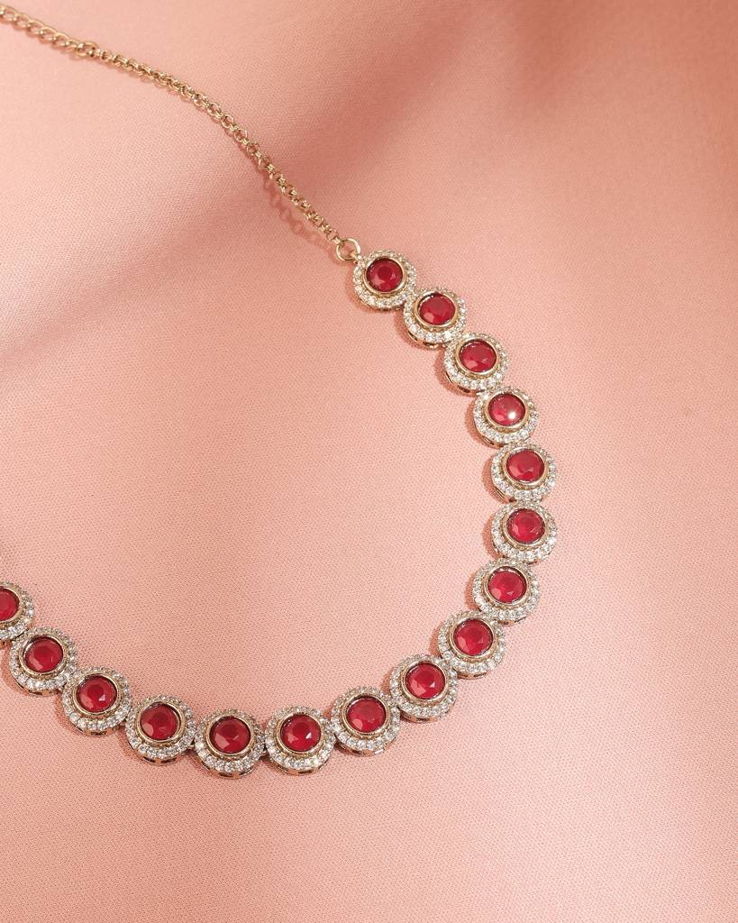 Superb Round Shape Cz Studded Antique Gold Plated Brown Uncut Kundan Stone Brass Choker Necklace Set For Women  : 15NS9693-RED