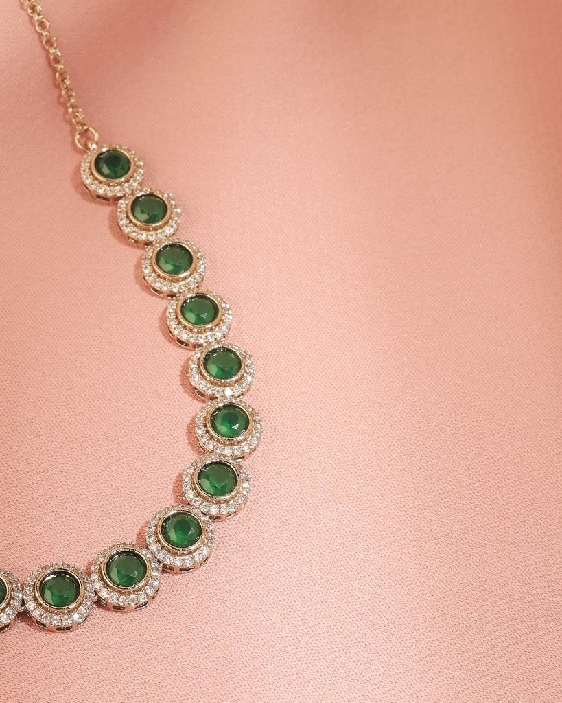Superb Round Shape Cz Studded Antique Gold Plated Brown Uncut Kundan Stone Brass Choker Necklace Set For Wome : 15NS9693-Green