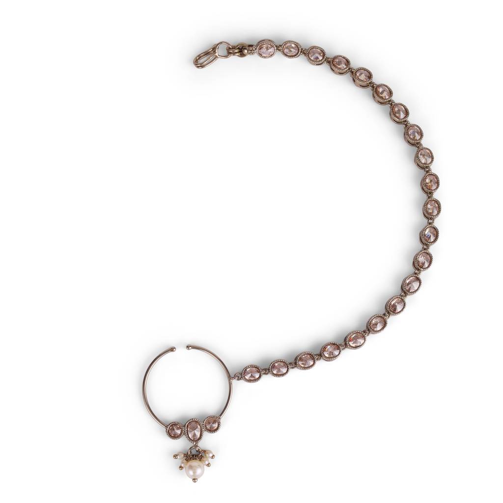 Traditional Round Shape Crystal Gold Plated Nose Ring With Chain (Nathiya) For Women : 15NT16