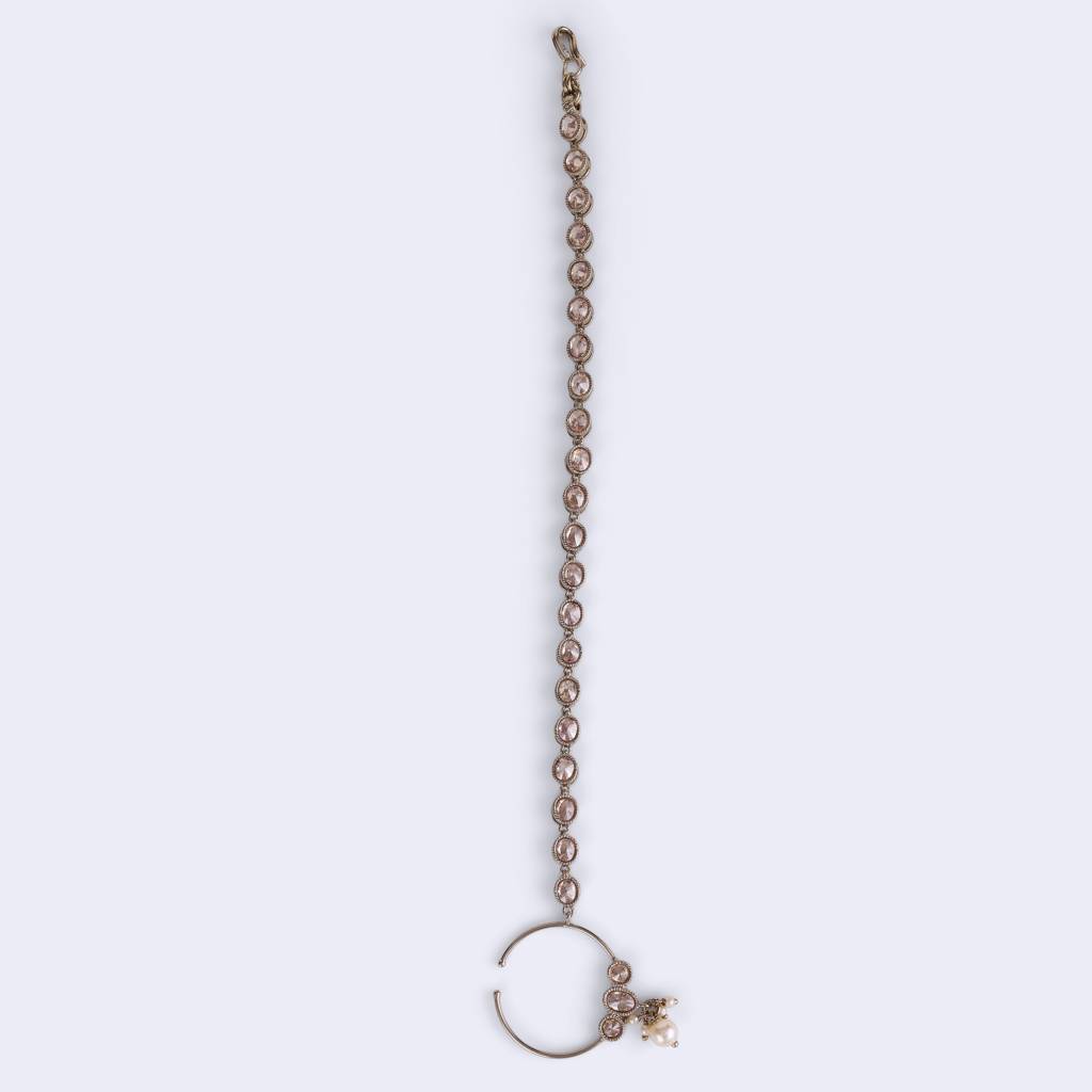 Traditional Round Shape Crystal Gold Plated Nose Ring With Chain (Nathiya) For Women : 15NT16