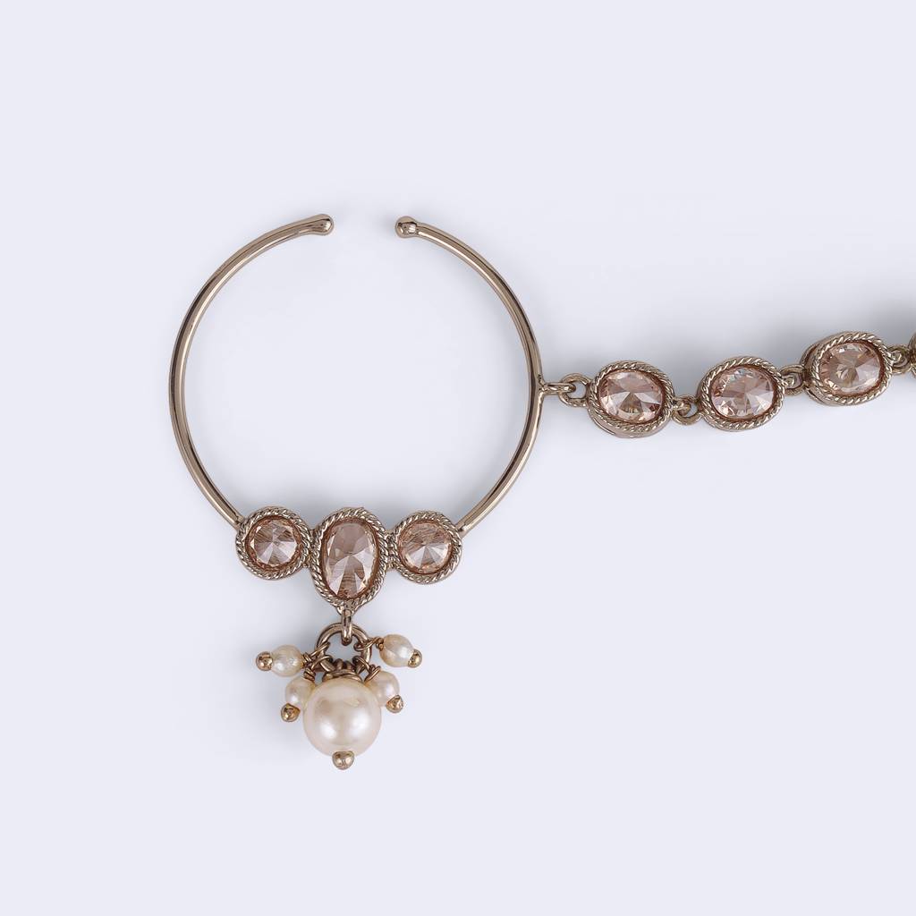 Traditional Round Shape Crystal Gold Plated Nose Ring With Chain (Nathiya) For Women : 15NT16