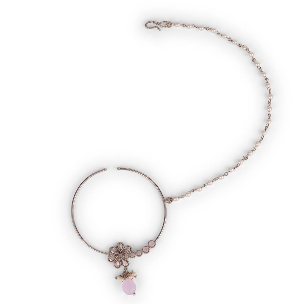 Traditional Flower Design Crystal Gold Plated Nose Ring With Chain (Nathiya) For Women & Girls : 15NT170