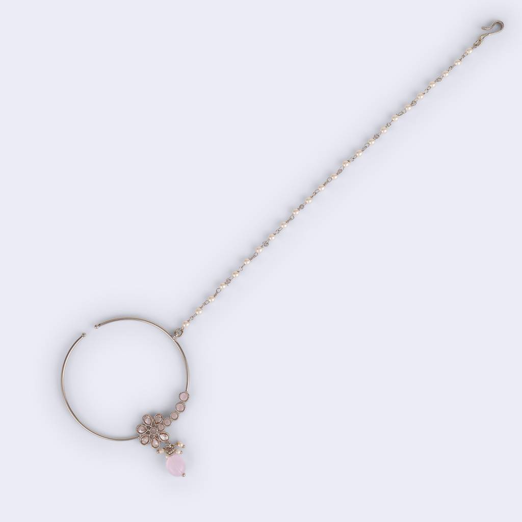 Traditional Flower Design Crystal Gold Plated Nose Ring With Chain (Nathiya) For Women & Girls : 15NT170