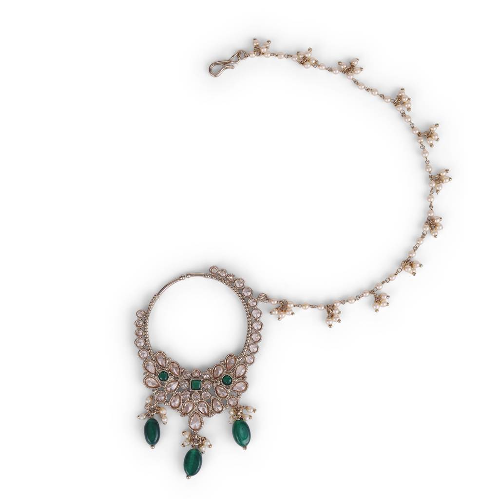 Traditional Leaf Shape Crystal Gold Plated Nose Ring With Chain (Nathiya) For Women : 15NT388