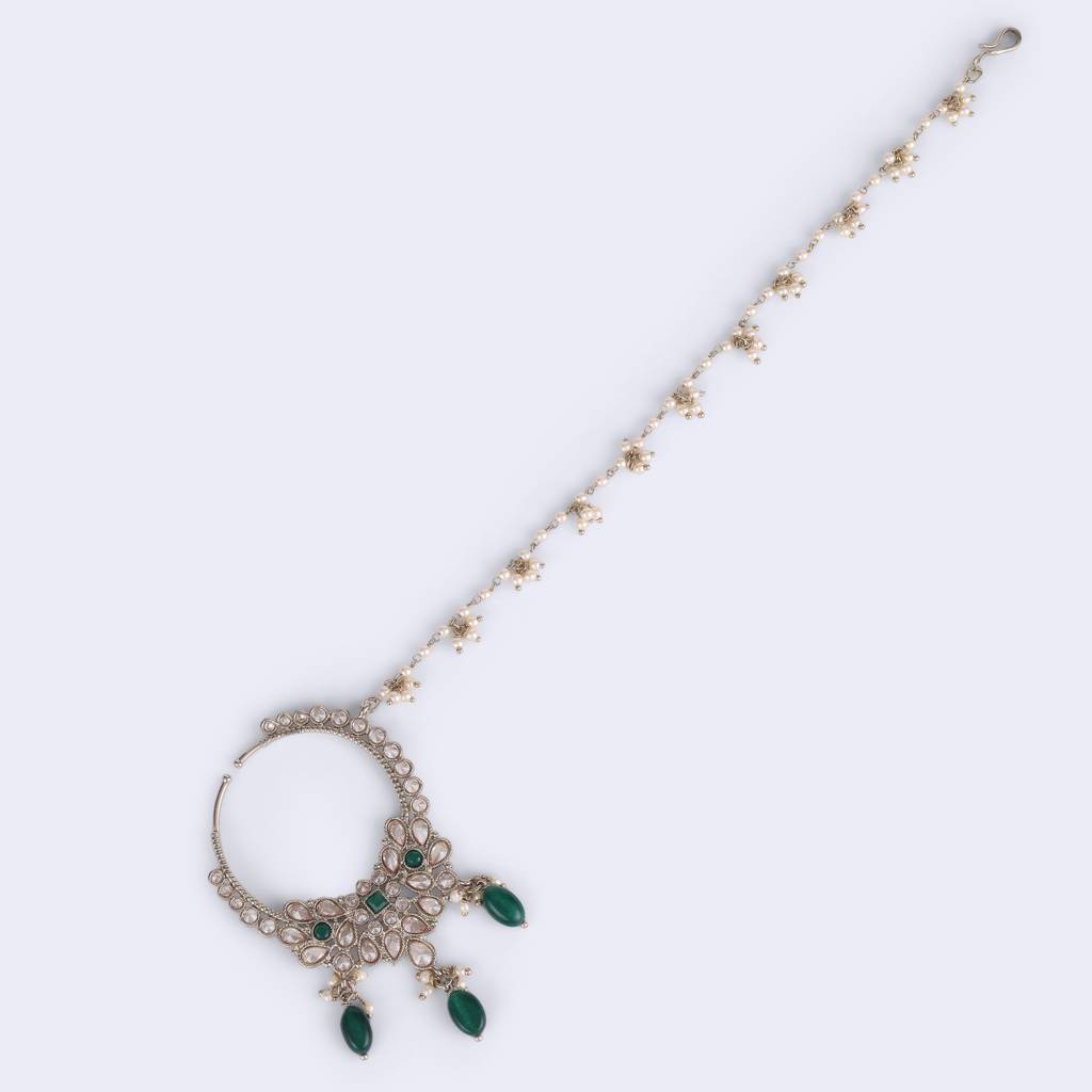 Traditional Leaf Shape Crystal Gold Plated Nose Ring With Chain (Nathiya) For Women : 15NT388