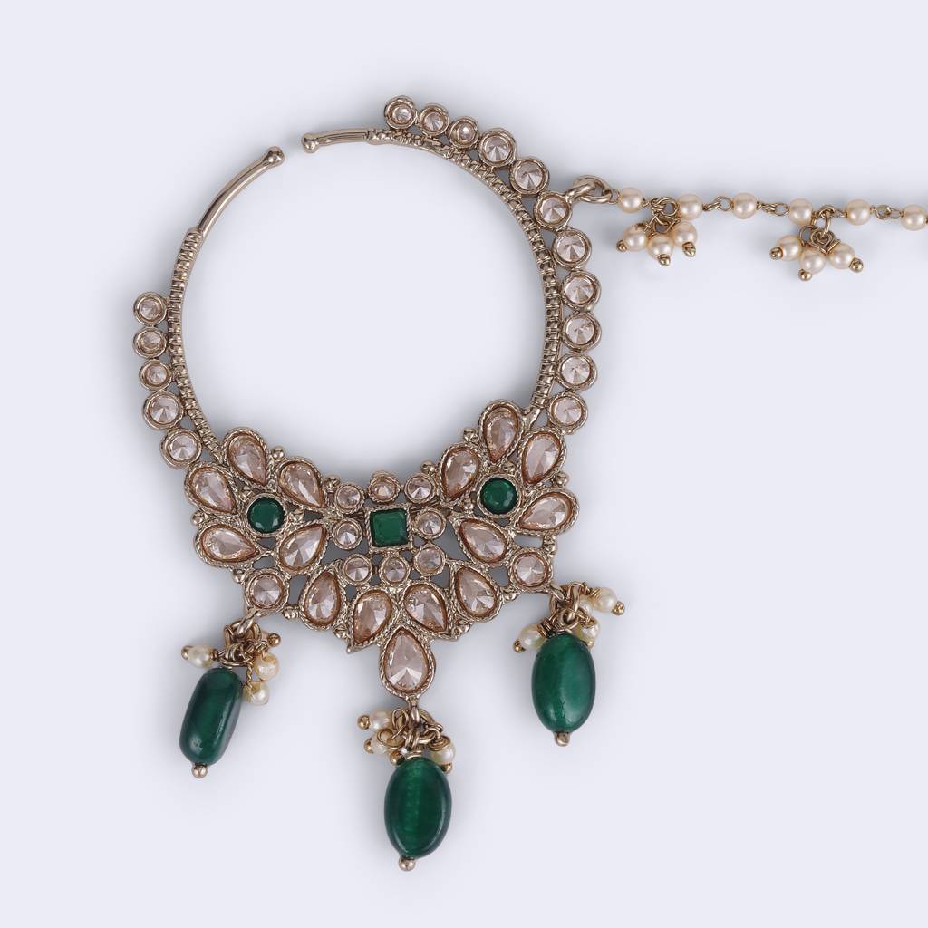 Traditional Leaf Shape Crystal Gold Plated Nose Ring With Chain (Nathiya) For Women : 15NT388