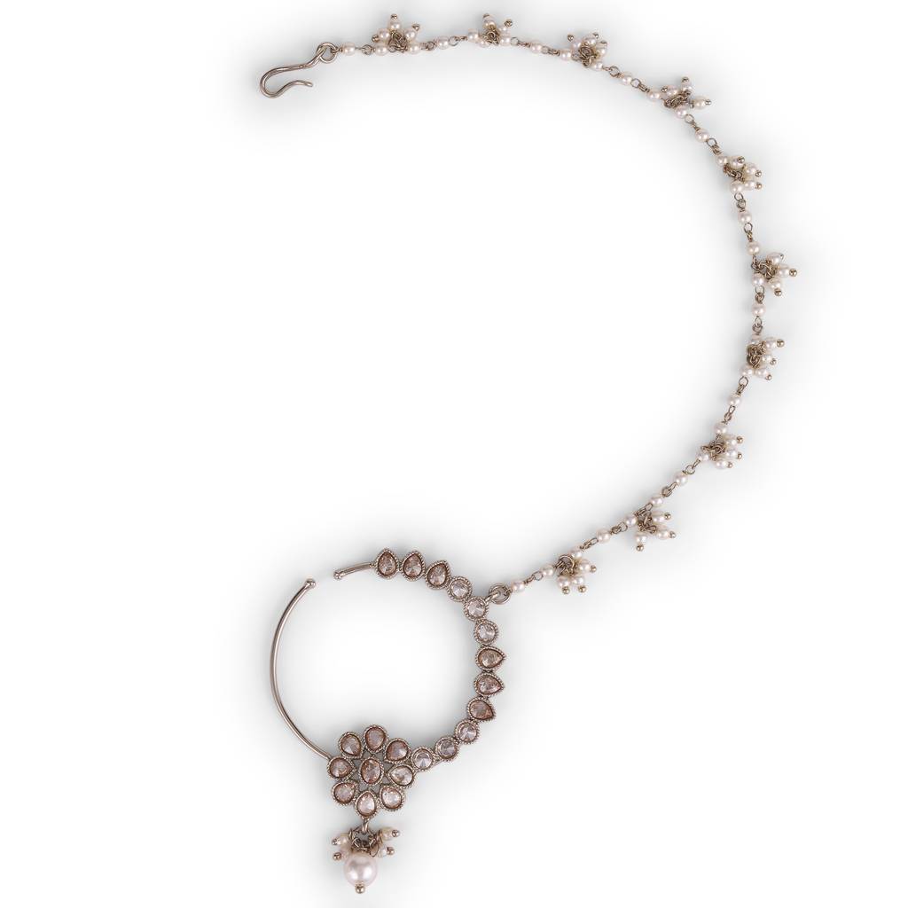 Traditional Flower And Oval Shape Crystal Gold Plated Nose Ring With Chain (Nathiya) For Women : 15NT401