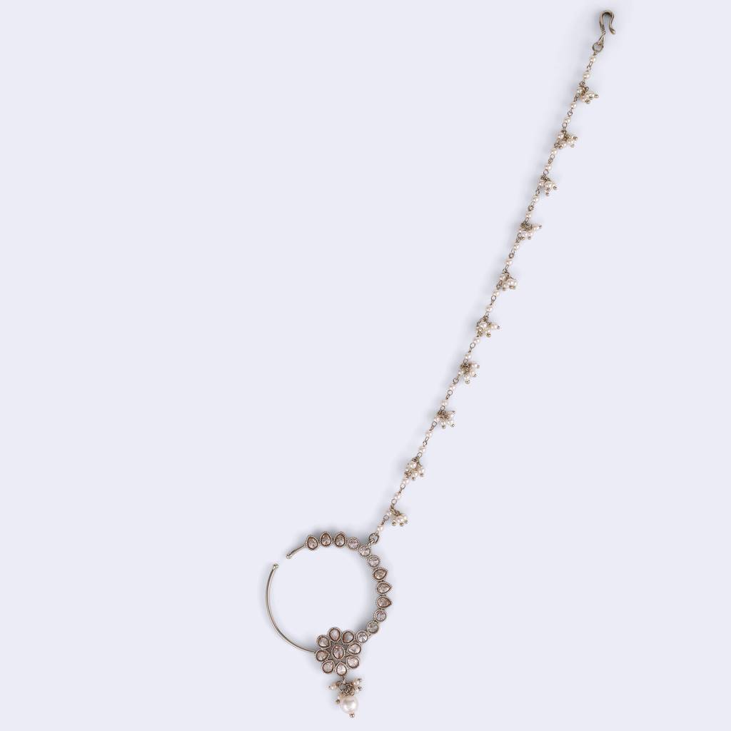 Traditional Flower And Oval Shape Crystal Gold Plated Nose Ring With Chain (Nathiya) For Women : 15NT401
