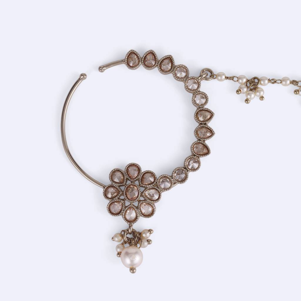 Traditional Flower And Oval Shape Crystal Gold Plated Nose Ring With Chain (Nathiya) For Women : 15NT401