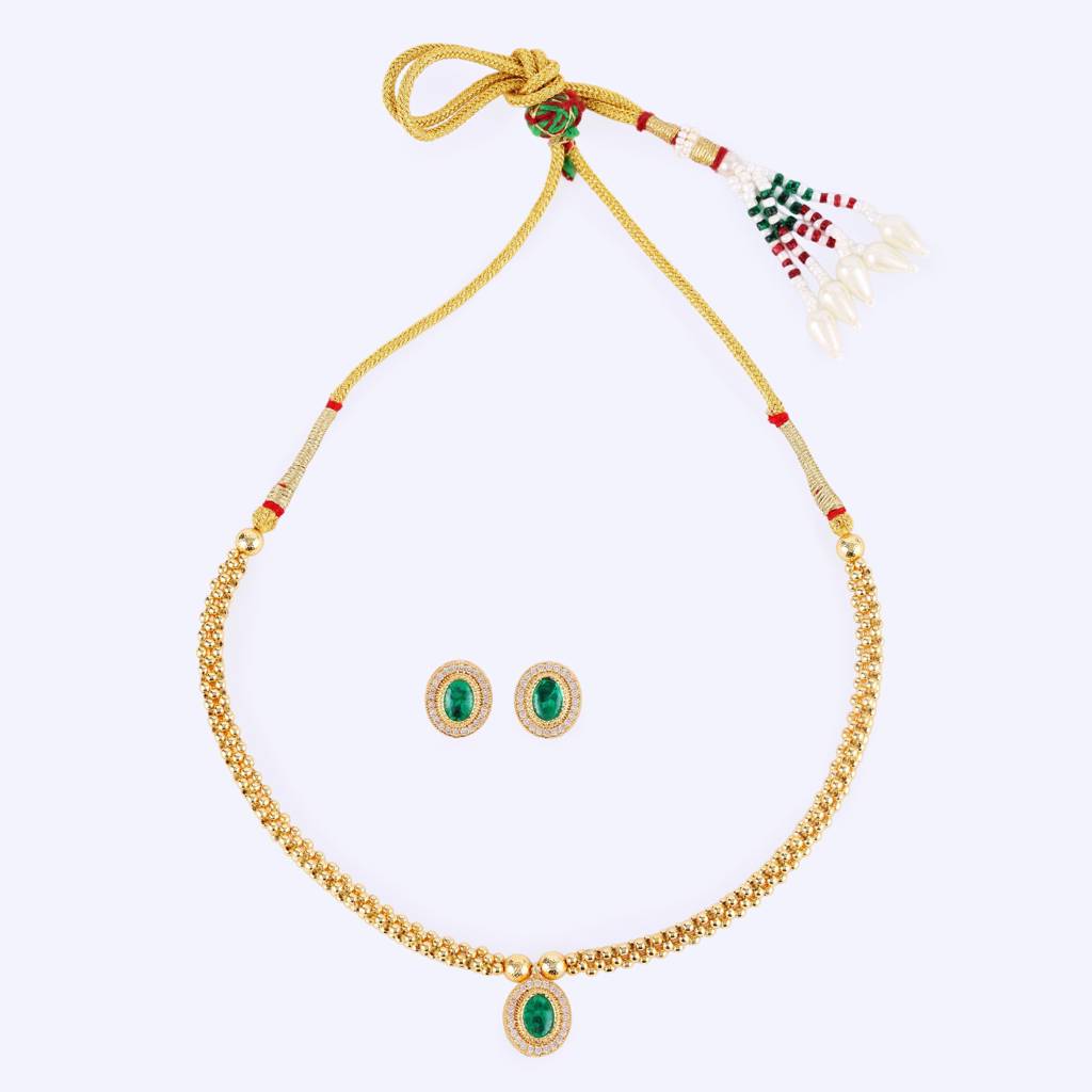 Traditional Round Shape & Golden Balls Green Stone Gold Plated Choker Necklace Set For Women : 15TN53-Green
