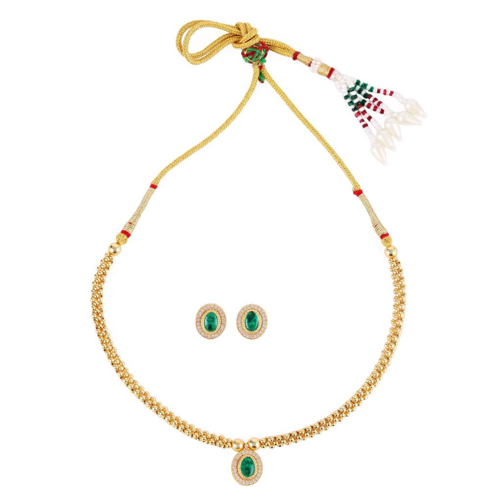 Traditional Round Shape & Golden Balls Green Stone Gold Plated Choker Necklace Set For Women : 15TN53-Green