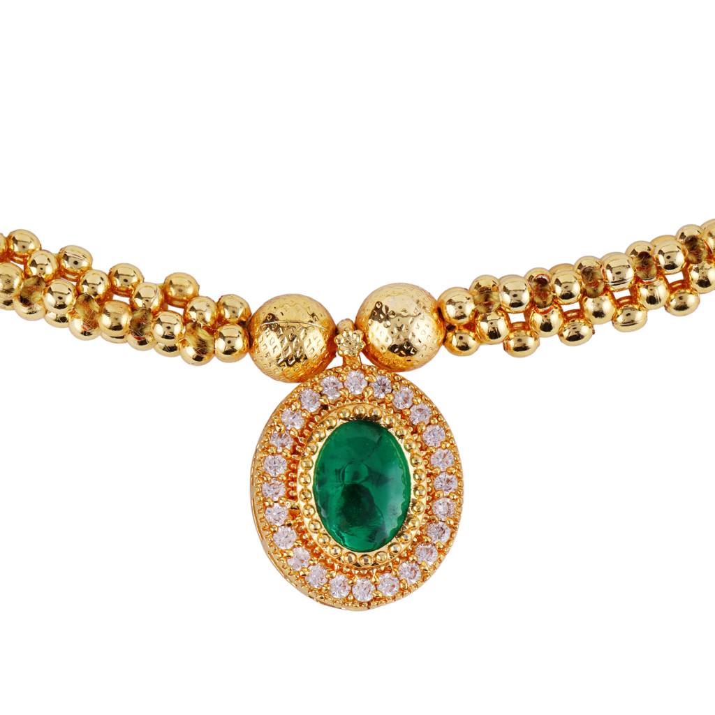 Traditional Round Shape & Golden Balls Green Stone Gold Plated Choker Necklace Set For Women : 15TN53-Green