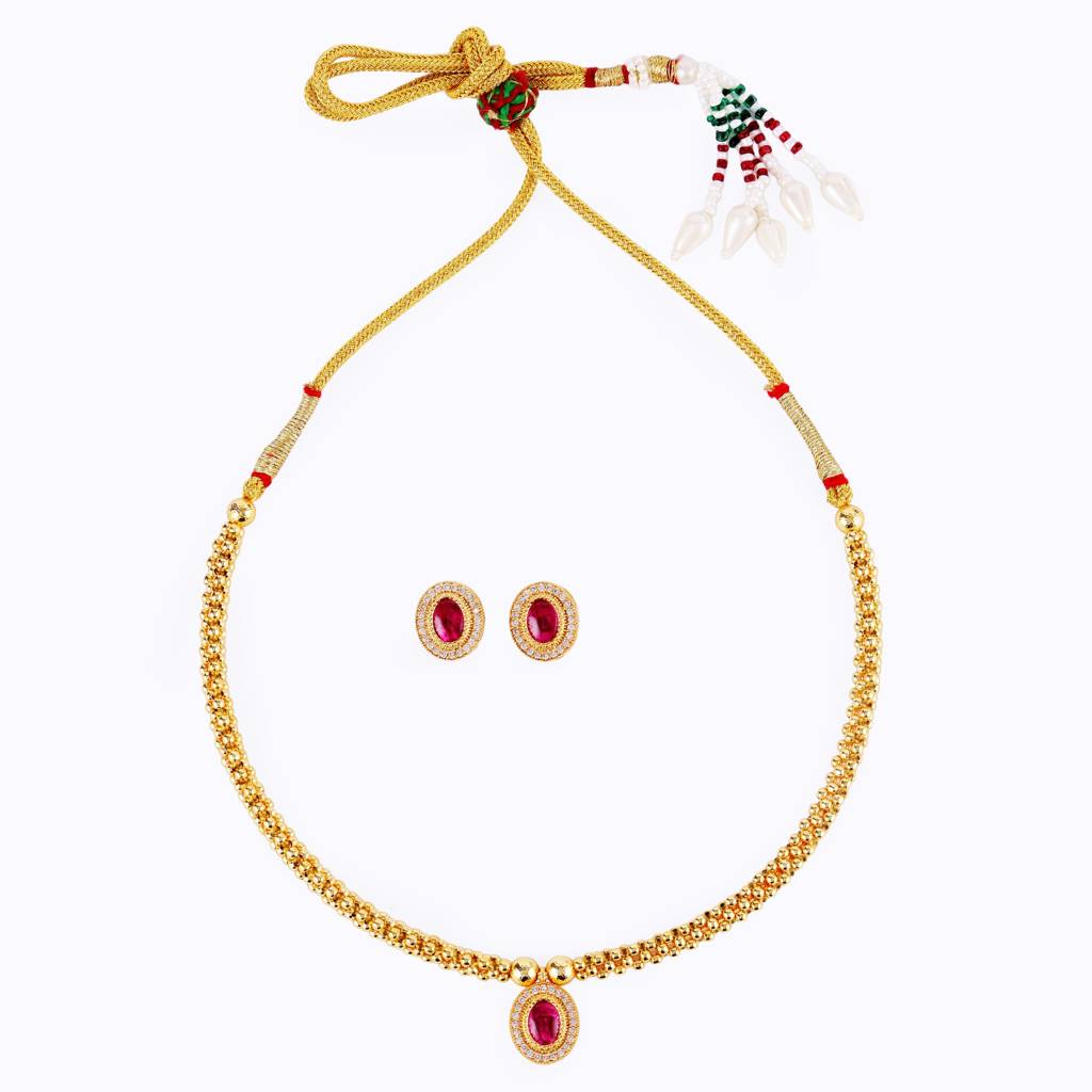 Traditional Round Shape & Golden Balls Green Stone Gold Plated Choker Necklace Set For Women : 15TN53-Pink
