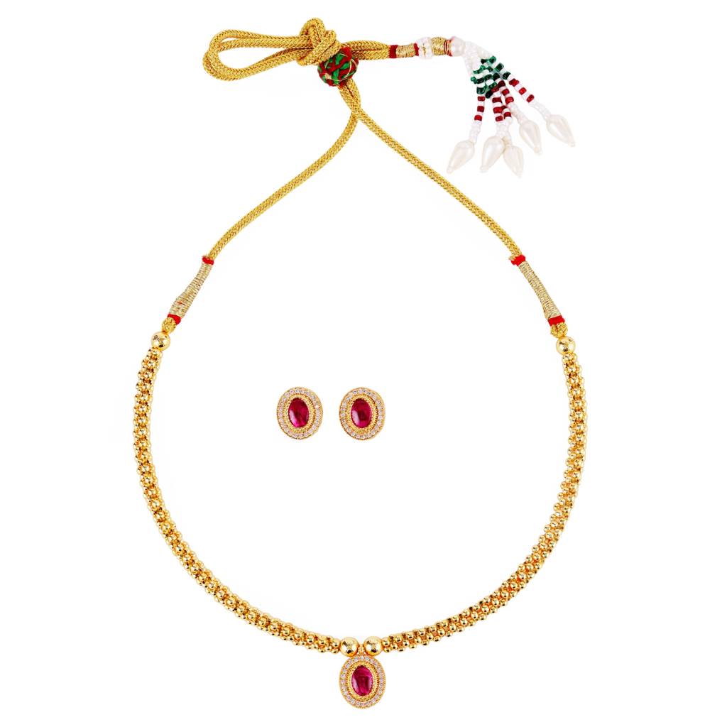 Traditional Round Shape & Golden Balls Green Stone Gold Plated Choker Necklace Set For Women : 15TN53-Pink