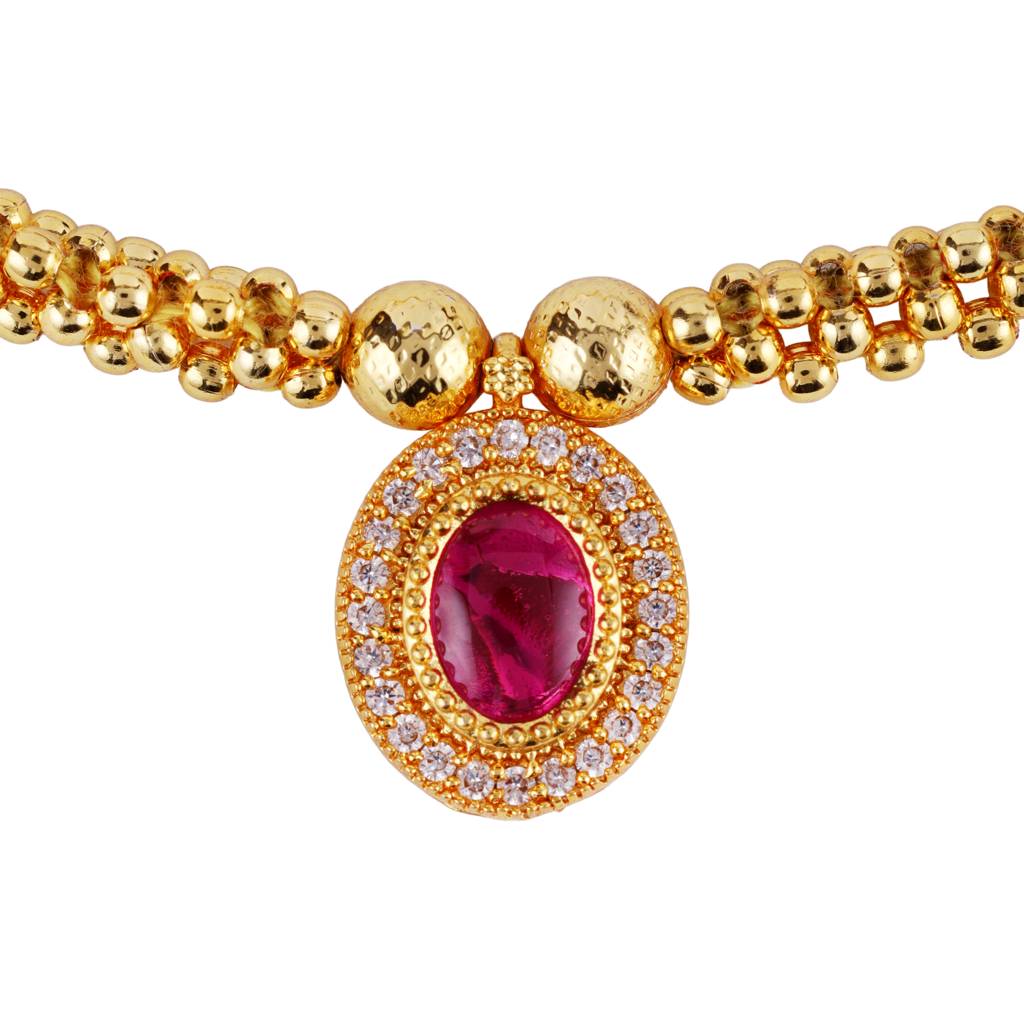 Traditional Round Shape & Golden Balls Green Stone Gold Plated Choker Necklace Set For Women : 15TN53-Pink