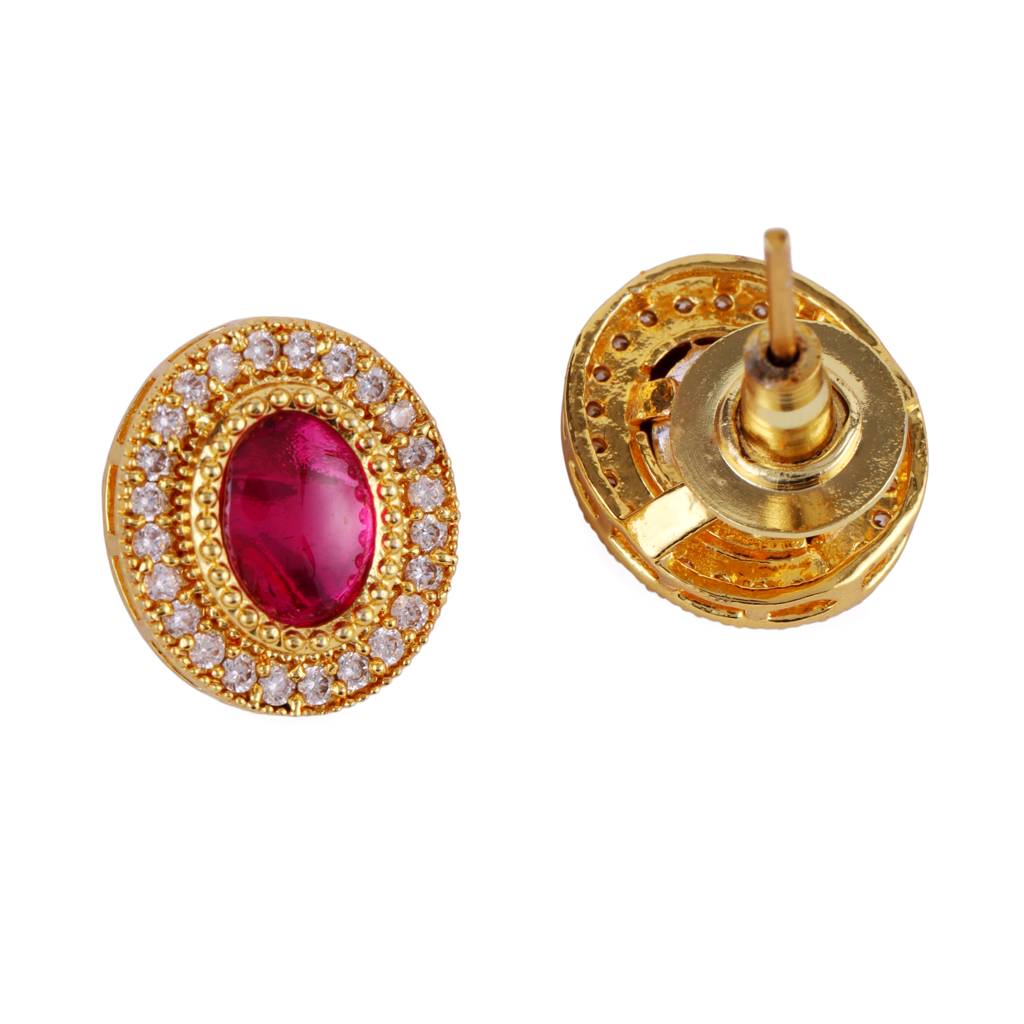 Traditional Round Shape & Golden Balls Green Stone Gold Plated Choker Necklace Set For Women : 15TN53-Pink