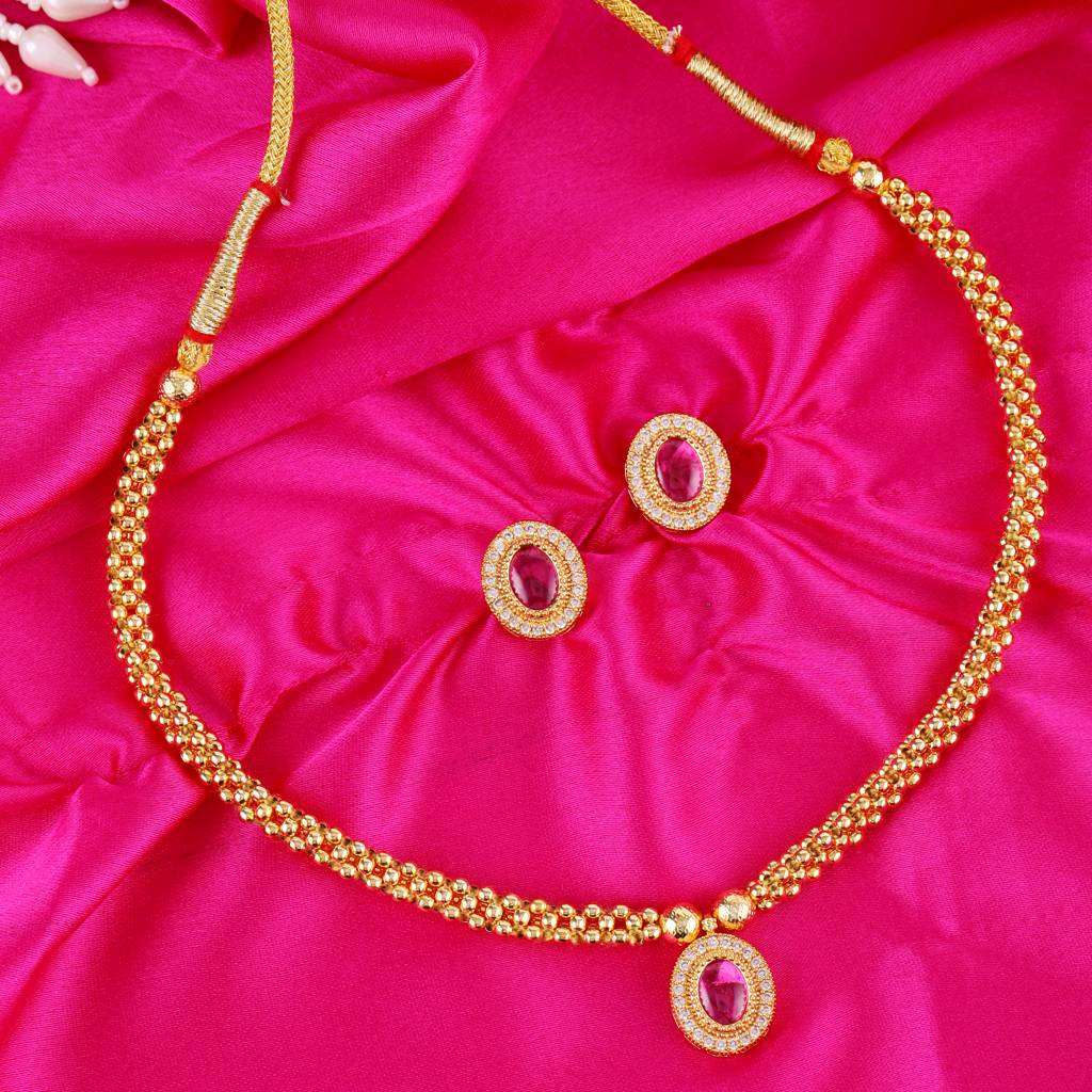 Traditional Round Shape & Golden Balls Green Stone Gold Plated Choker Necklace Set For Women : 15TN53-Pink