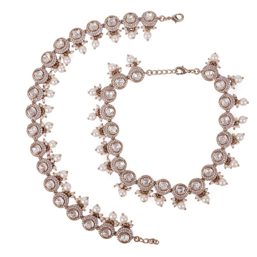 Classy Half-Moon Shape Uncut Kundan Stone Gold Plated Set Of 2 Brass Anklet (Payal) For Women And Girls : 15PL913
