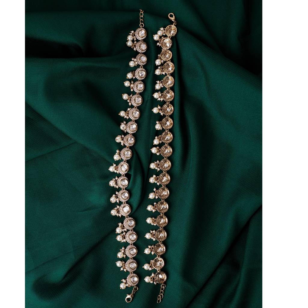 Classy Half-Moon Shape Uncut Kundan Stone Gold Plated Set Of 2 Brass Anklet (Payal) For Women And Girls : 15PL913