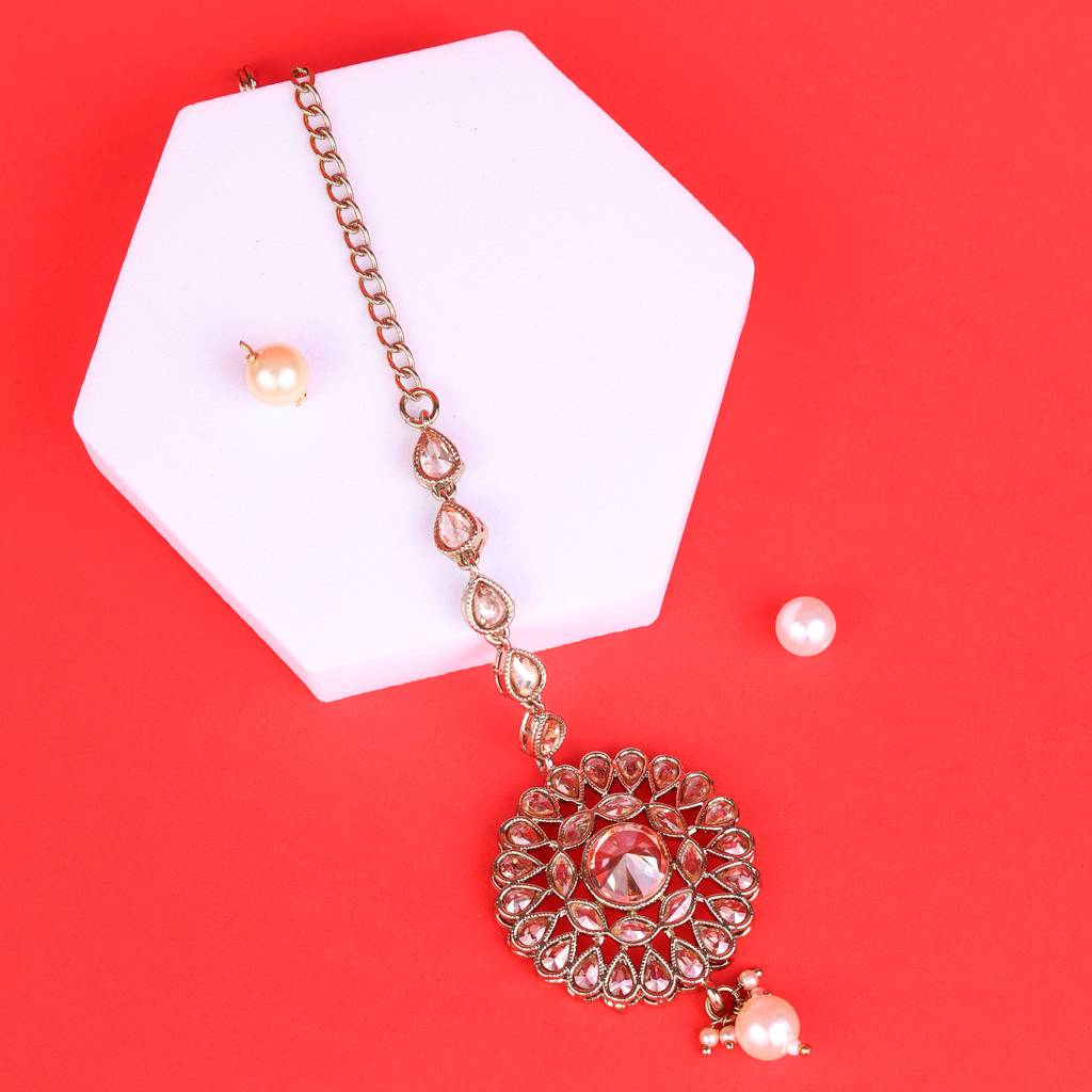 Traditional Chandelier And Flower Shape Silver Gold Plated Set Of 2 Combo Maang Tikka For Women : 15TK2370_6TK28