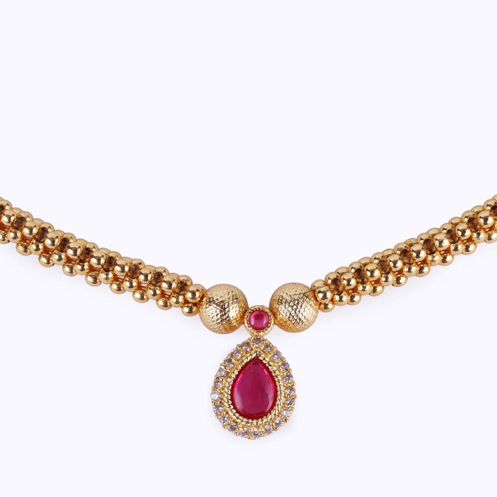 Traditional Oval Shape Golden Balls Pink Stone Gold Plated Choker Necklace For Women : 15TN09
