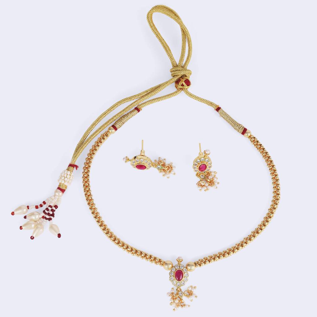 Traditional Round Shape Golden Balls Latkan Pearl Gold Plated Choker Necklace Set For Women : 15TN11_E