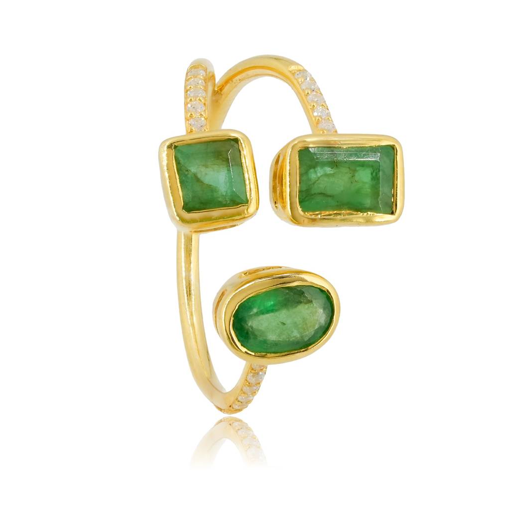 Triple Emerald Adjustable Ring With Cz Detailing In 18K Gold-Plated 925 Silver : RG0004