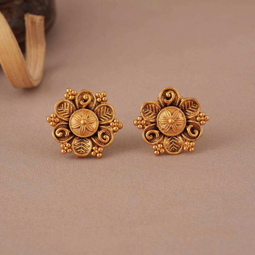 Cute Antique Gold Floral Pendant Set With Stud Earring : SJ291