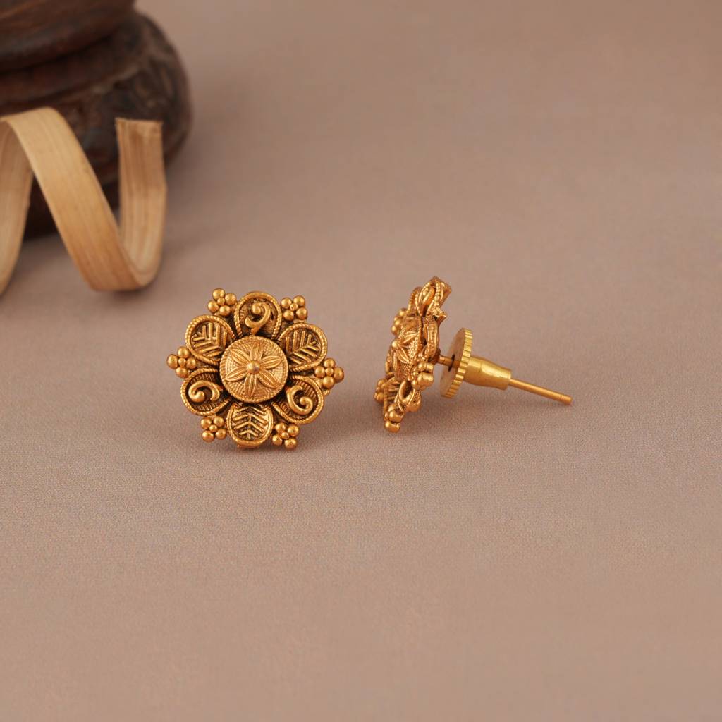 Cute Antique Gold Floral Pendant Set With Stud Earring : SJ291
