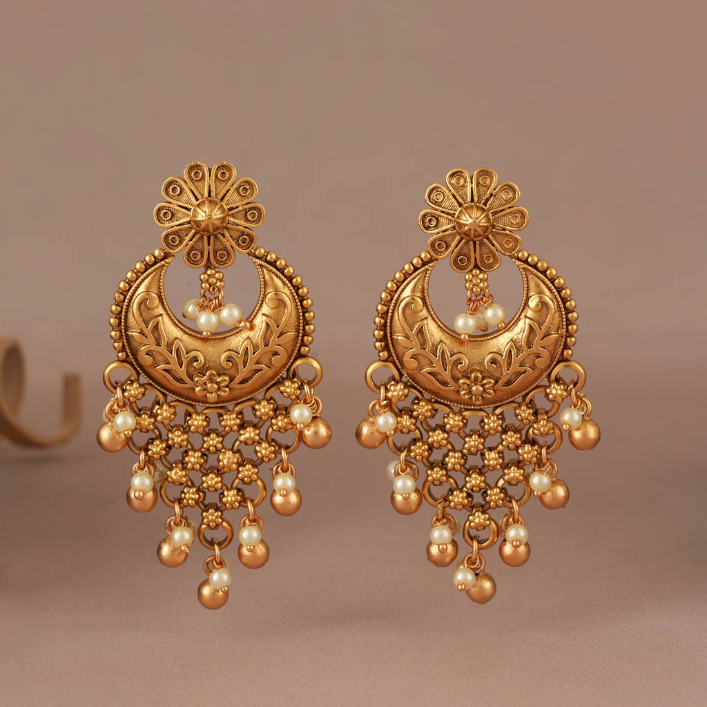 Long Pearl Drop Antique Gold Earring For Women : SJ292