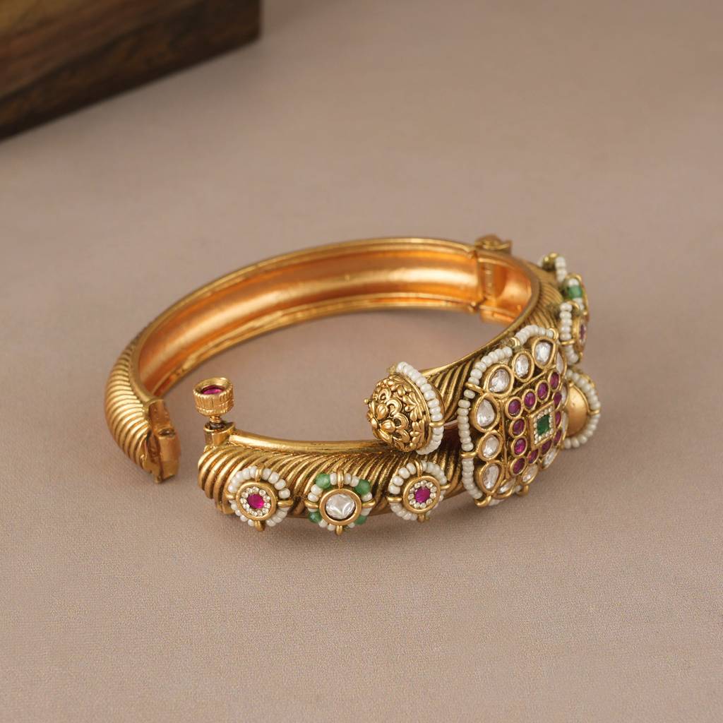 Gorgeous Antique Gold Kundan Multicolor Kada Bangle : SJ297