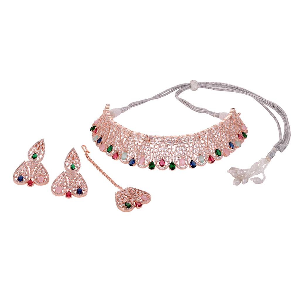 Rose Gold Plated Nav Ratna Ad Studded Choker Jewellery Set : SJNK1611