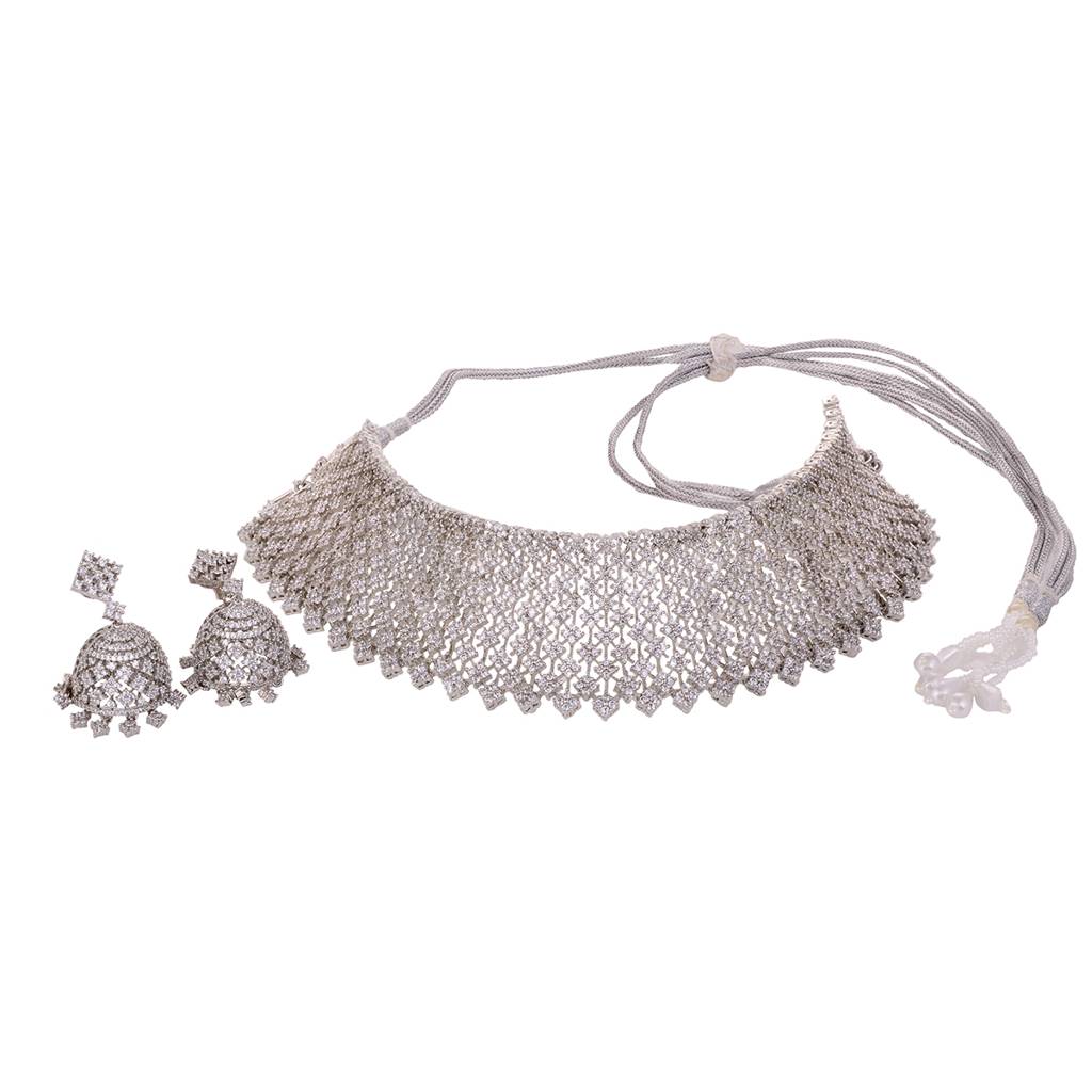 Silver Rhodium Plated White Ad Choker With Jhumka  Jewellery Set : SJNK1612