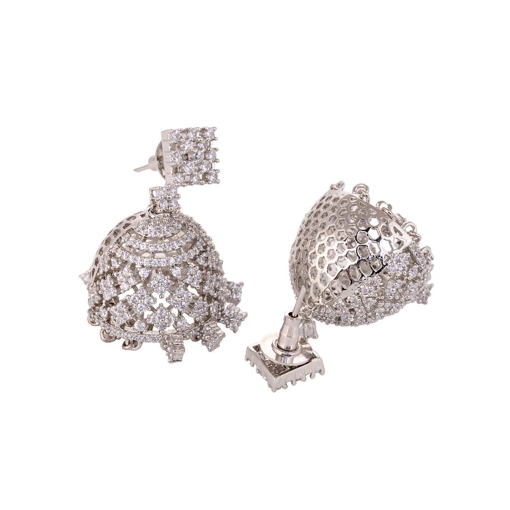 Silver Rhodium Plated White Ad Choker With Jhumka  Jewellery Set : SJNK1612
