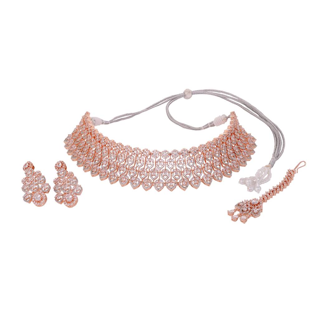 Rose Gold Plated White Ad Choker With Mang Tika Jewellery Set : SJNK1613
