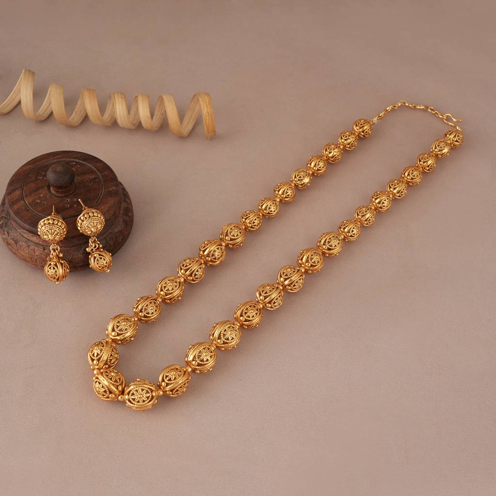 Long Gold Plated Carved Ball Mala Set : SJ302
