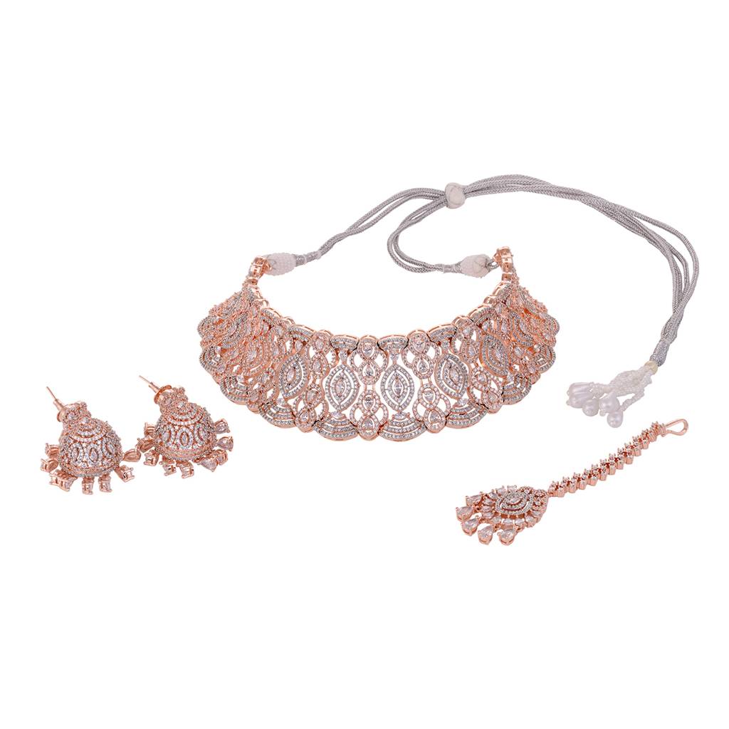 Rose Gold Plated White Ad Studded Heavy Choker Jewellery Set : SJNK1614