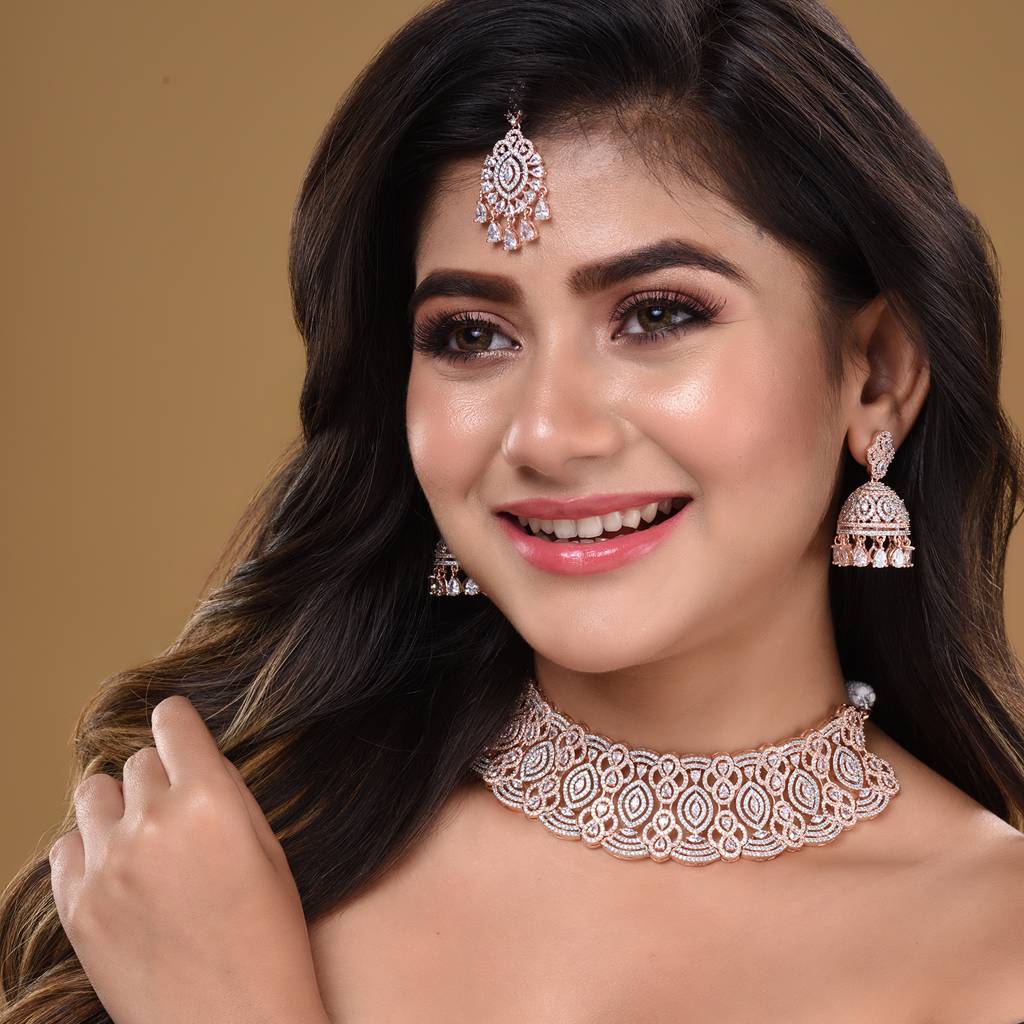 Rose Gold Plated White Ad Studded Heavy Choker Jewellery Set : SJNK1614