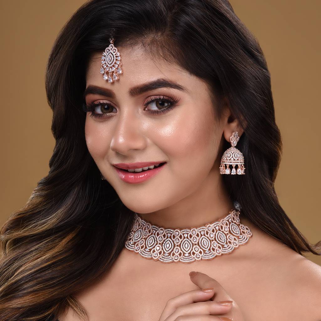 Rose Gold Plated White Ad Studded Heavy Choker Jewellery Set : SJNK1614
