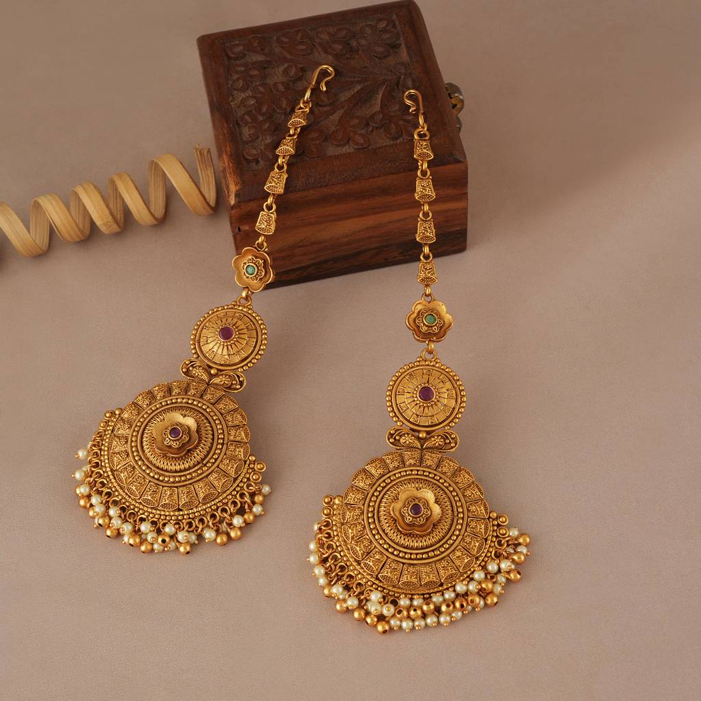 Long Antique Gold Pearl Drop Earring With Kanoti : SJ305