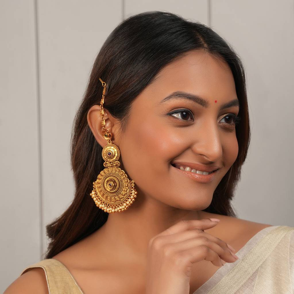 Long Antique Gold Pearl Drop Earring With Kanoti : SJ305