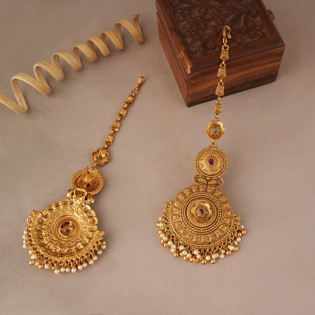 Long Antique Gold Pearl Drop Earring With Kanoti : SJ305