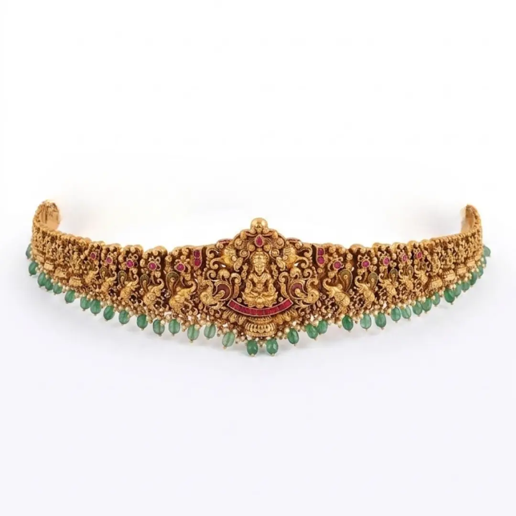 1 Gram Gold Plated Kamarband | Lakshmi Peacock Green Bead Waist Belt : J-846