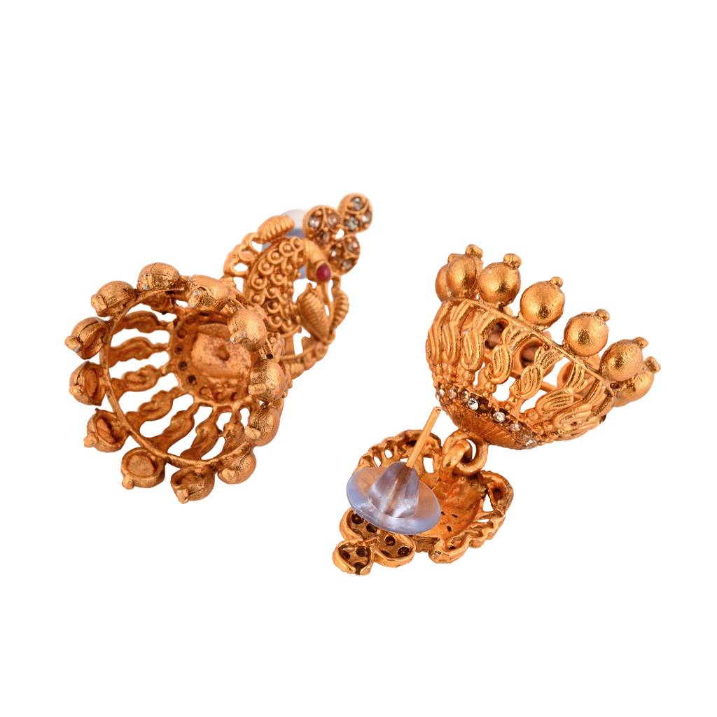 Gold Plated Stone Studded Peacock Temple Jewellery Set With Jhumki Earrings : SJNK1636