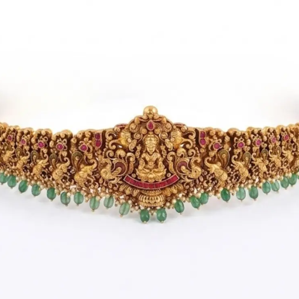 1 Gram Gold Plated Kamarband | Lakshmi Peacock Green Bead Waist Belt : J-846