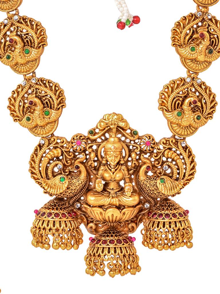 Gold Plated Exquisite Lakshmi Design Haram Temple Jewellery Set With Jhumki Earrings : SJNK1640